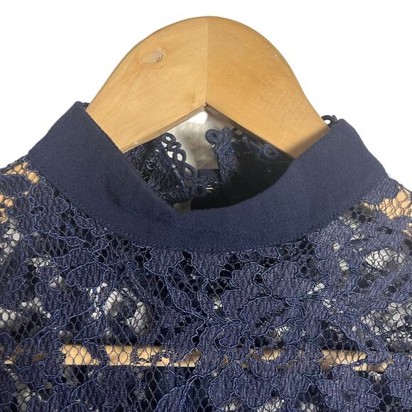 Nicholas Navy Blue Ruffle Trim Lace Long Sleeve Mini Dress Size 2 - Picture 5 of 14